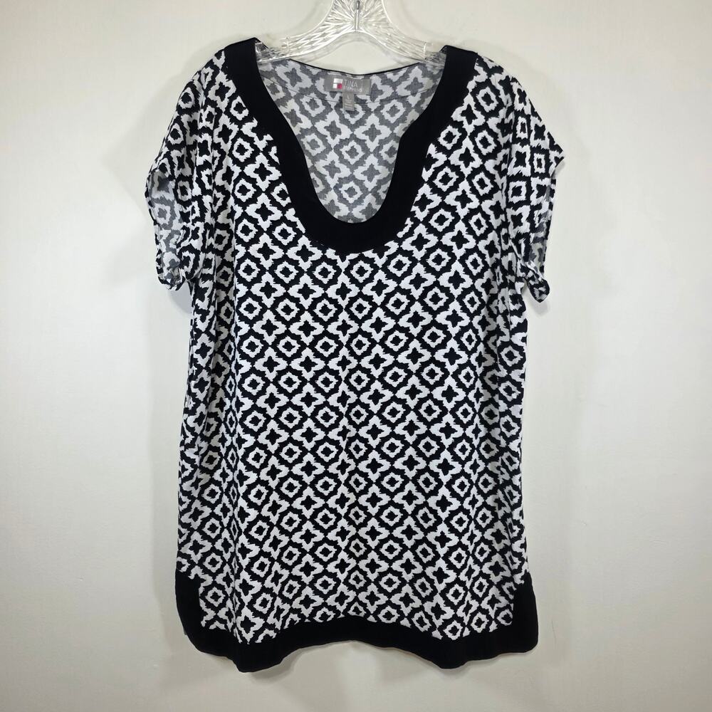 Tina Stephens Womens Mod Black and White Geometric Travel Tunic Top Size Large